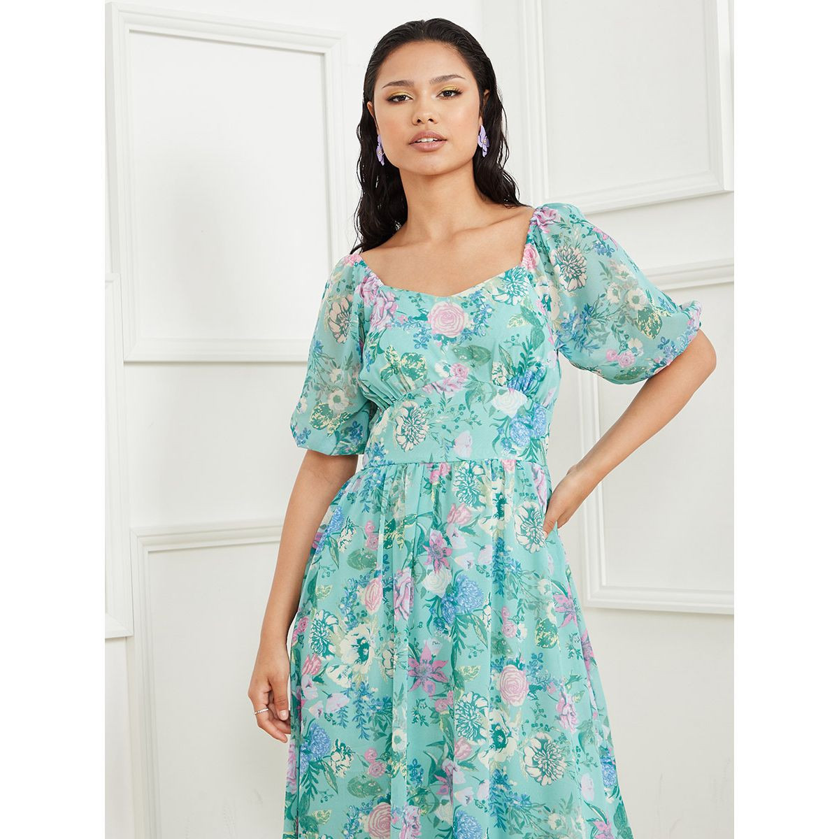 Styli Short Puff Sleeves Floral Print Sweetheart Neck A-Line Maxi Dress-women-clothing-dresses-image-2