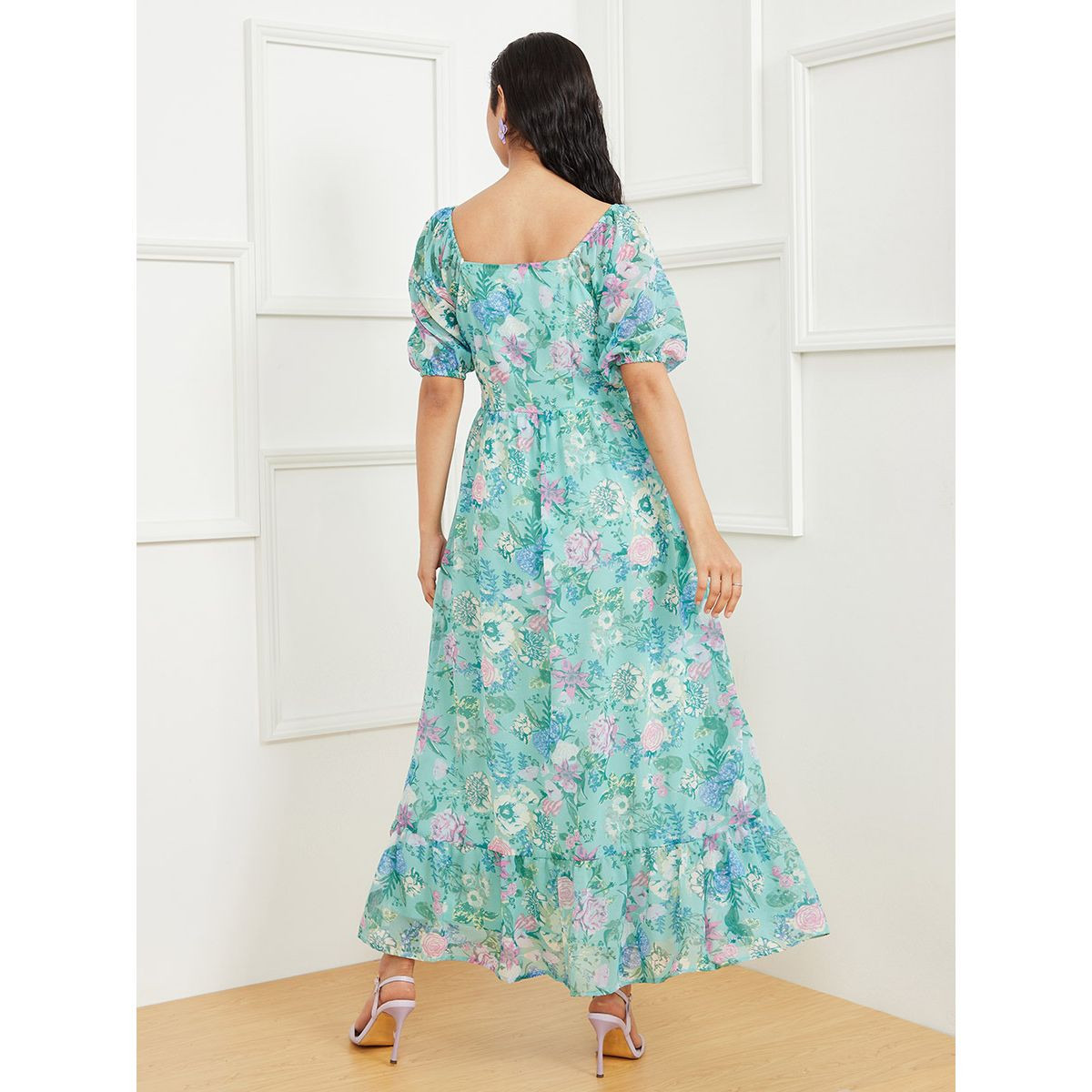 Styli Short Puff Sleeves Floral Print Sweetheart Neck A-Line Maxi Dress-women-clothing-dresses-image-4
