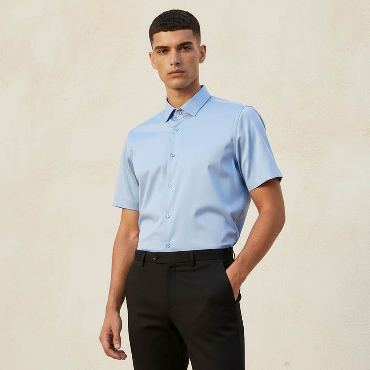 قميص بقصة سليم وياقة عادية وأكمام قصيرة-men-clothing-shirts-image-1