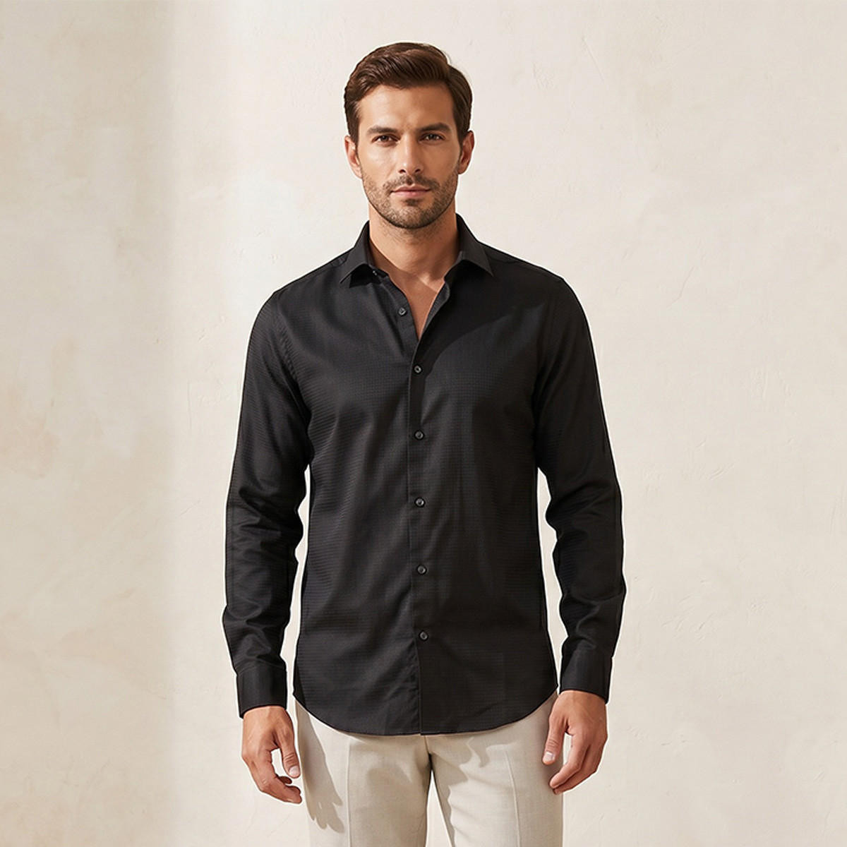 قميص بياقة عادية وأكمام طويلة وقصة سليم-men-clothing-shirts-image-1