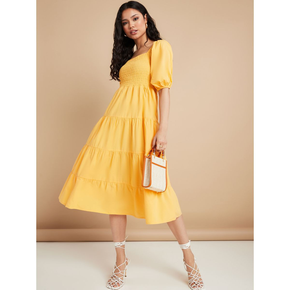 Styli Off Shoulder Volume Sleeves Tiered Midi Dress-women-clothing-dresses-image-1