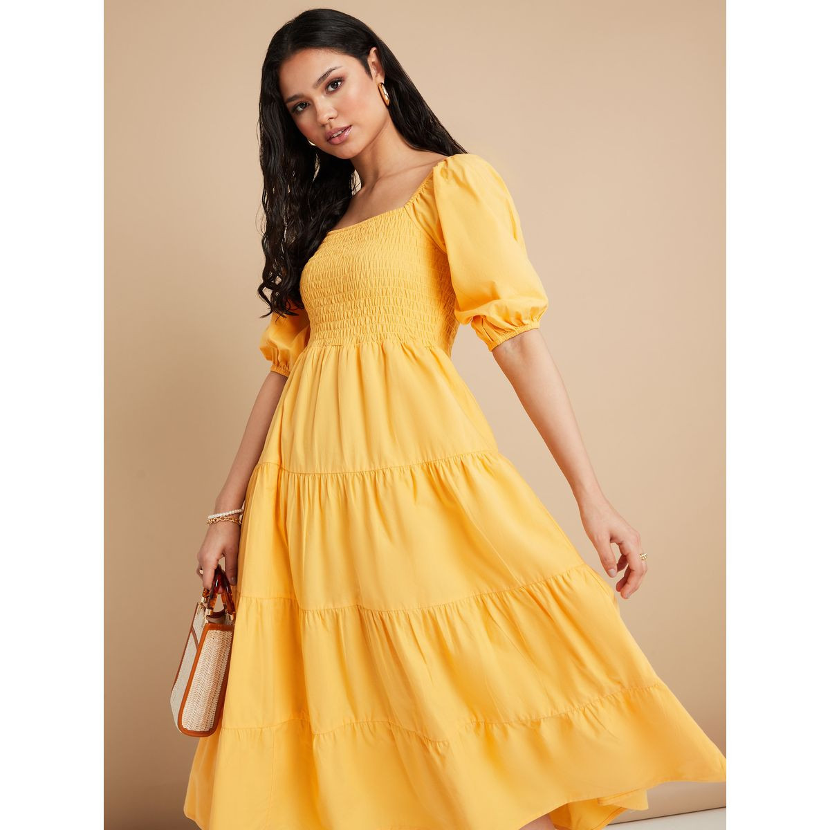 Styli Off Shoulder Volume Sleeves Tiered Midi Dress-women-clothing-dresses-image-2