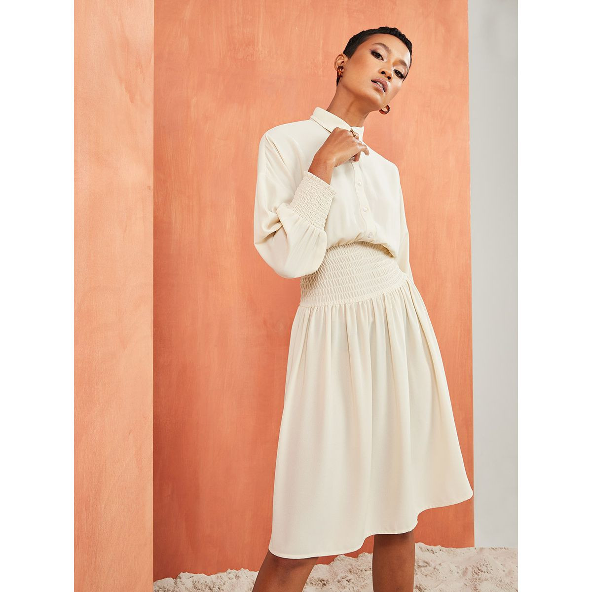 Styli Premium Shirred Shirt Dress-women-clothing-dresses-image-1