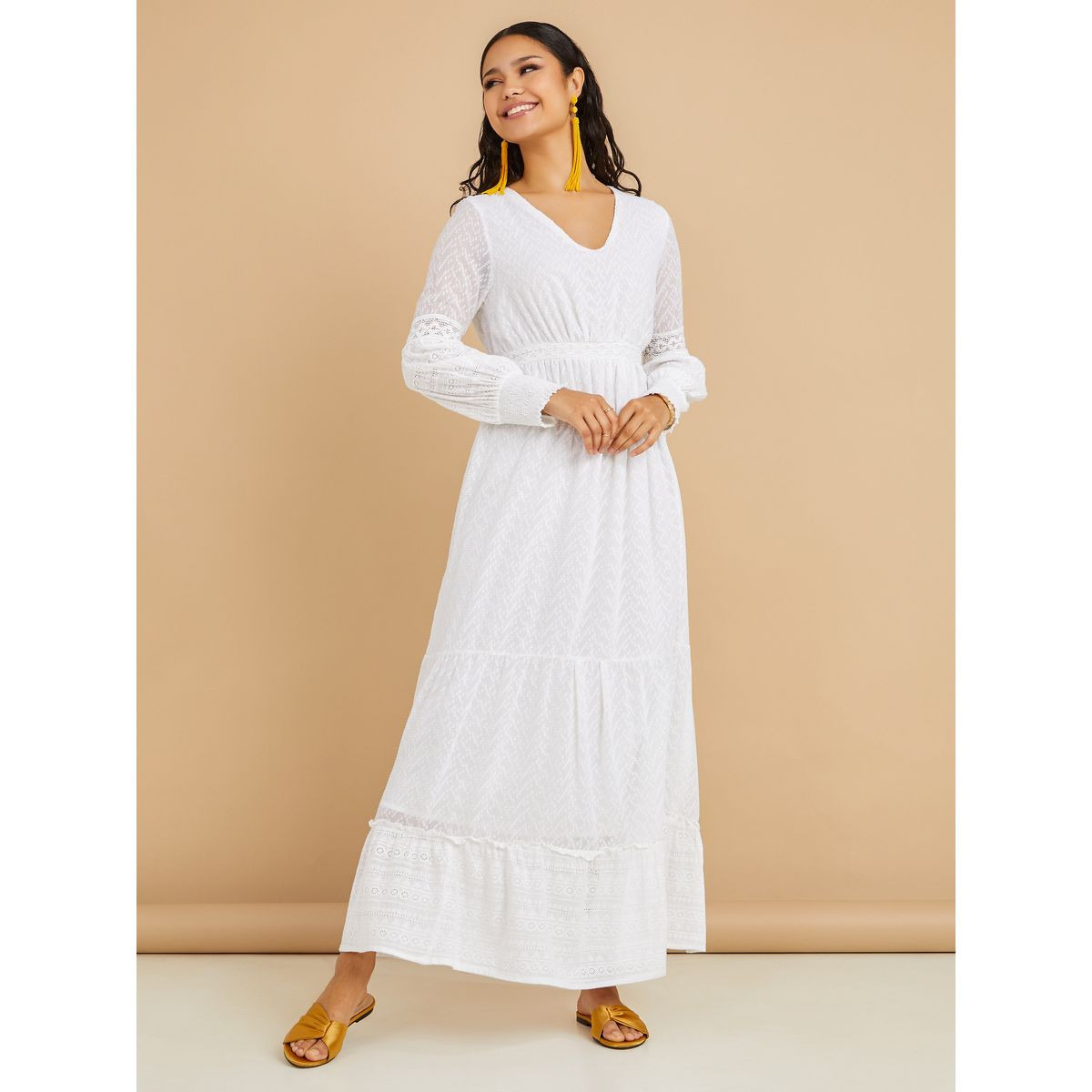Styli Bishop Sleeves Lace Insert Dobby A-Line Maxi Dress-women-clothing-dresses-image-1