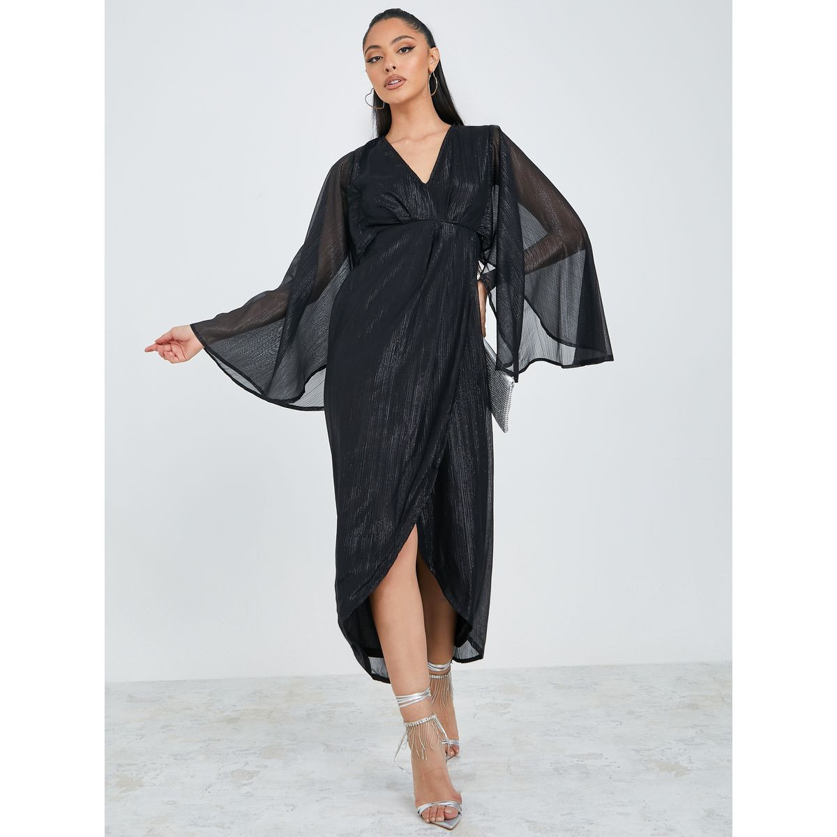Styli Long Flare Sleeves Self Design Wrap Front Maxi Dress-women-clothing-dresses-image-2