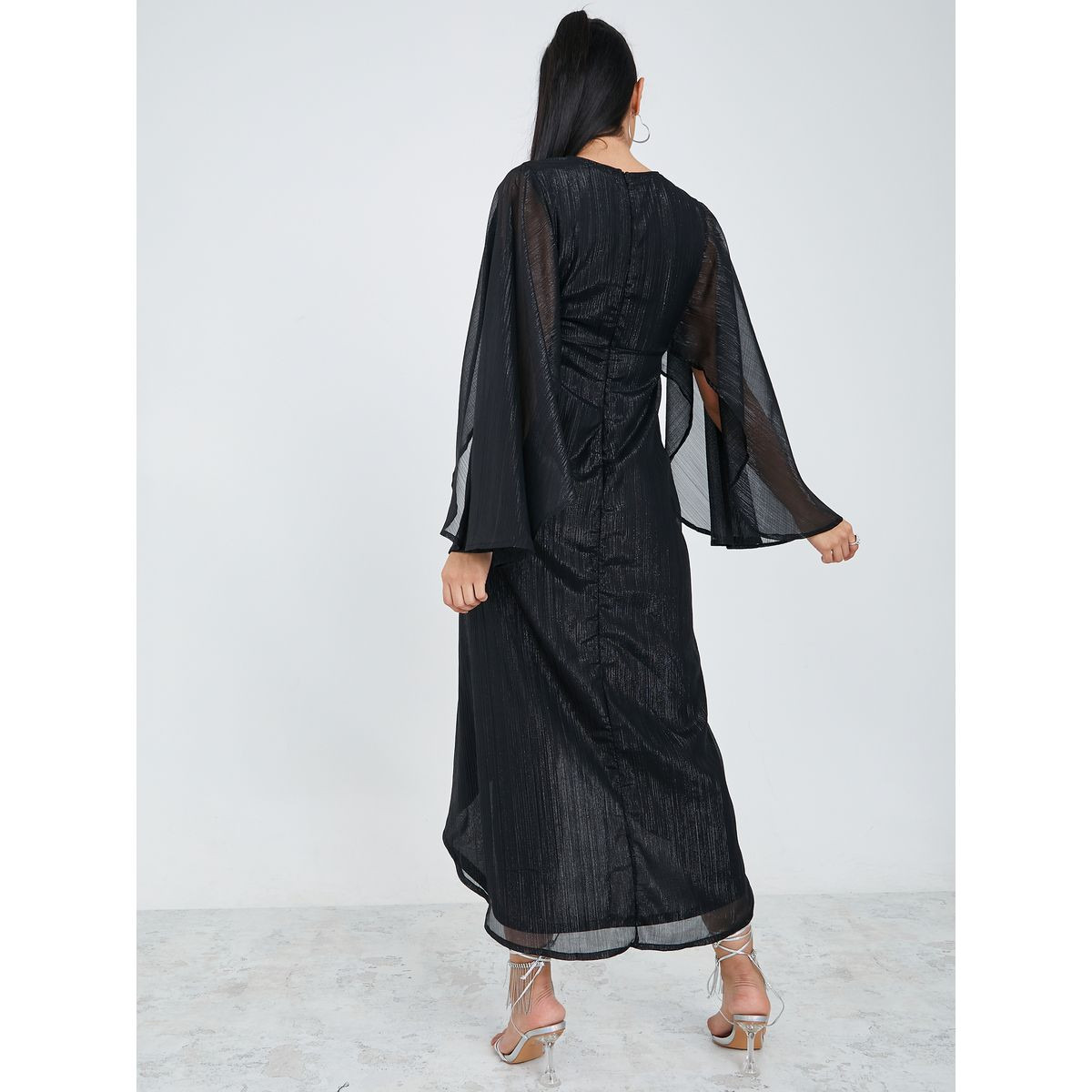 Styli Long Flare Sleeves Self Design Wrap Front Maxi Dress-women-clothing-dresses-image-4