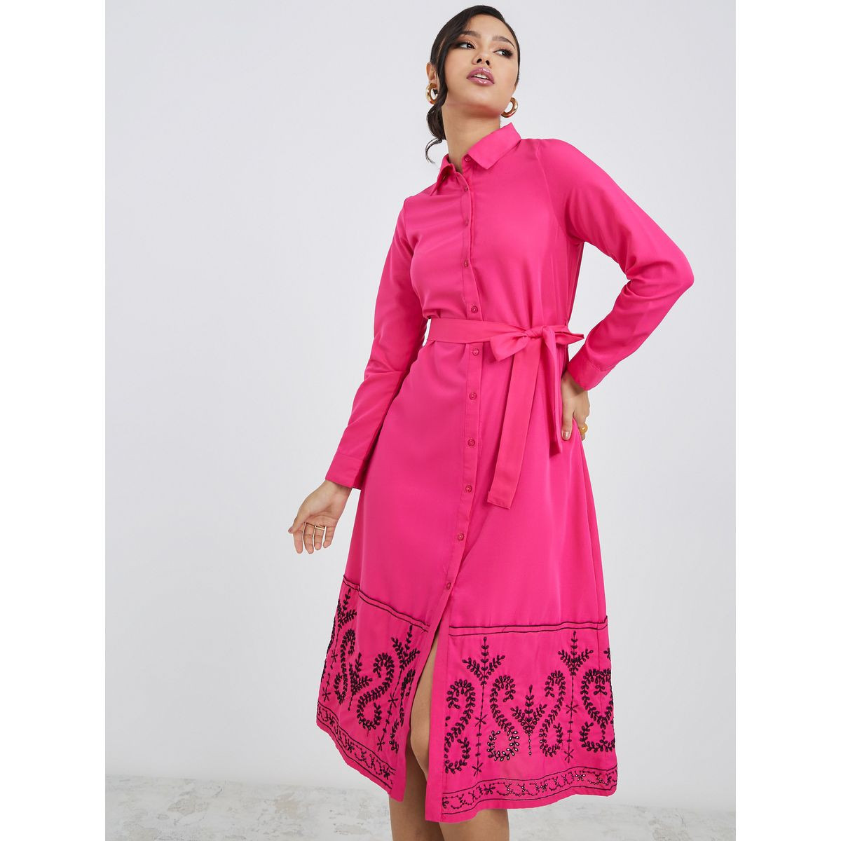 Styli Long Sleeves Embroidered Detail Shirt Midi Dress-women-clothing-dresses-image-1