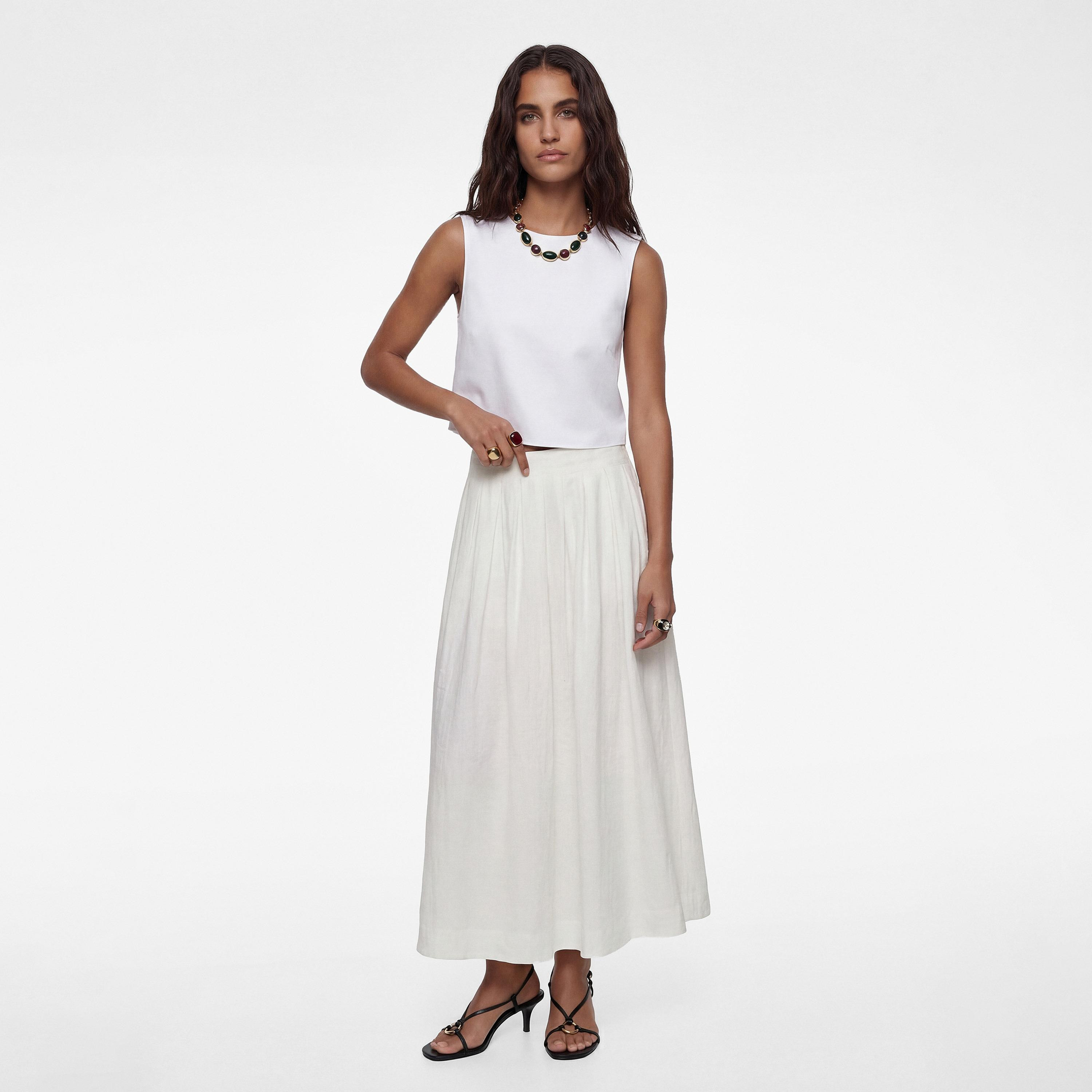 تنورة ماكسي نسائية قصة "ايه-لاين" بلون أبيض من كوتون-women-clothing-skirts-image-2