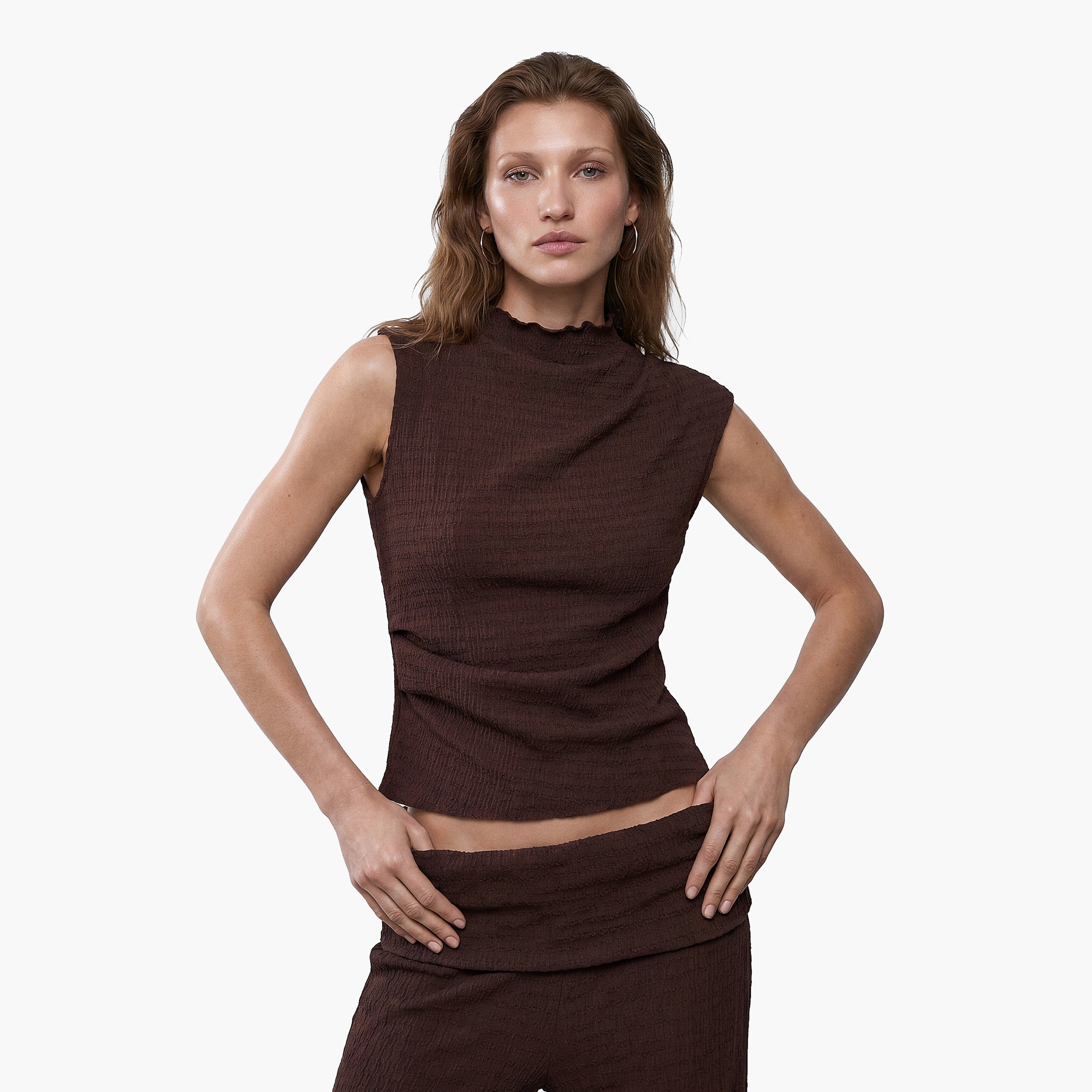 KOTON Dark Brown Textured High Neck Women's Top-women-clothing-shirtsandblouses-blouses-image-1