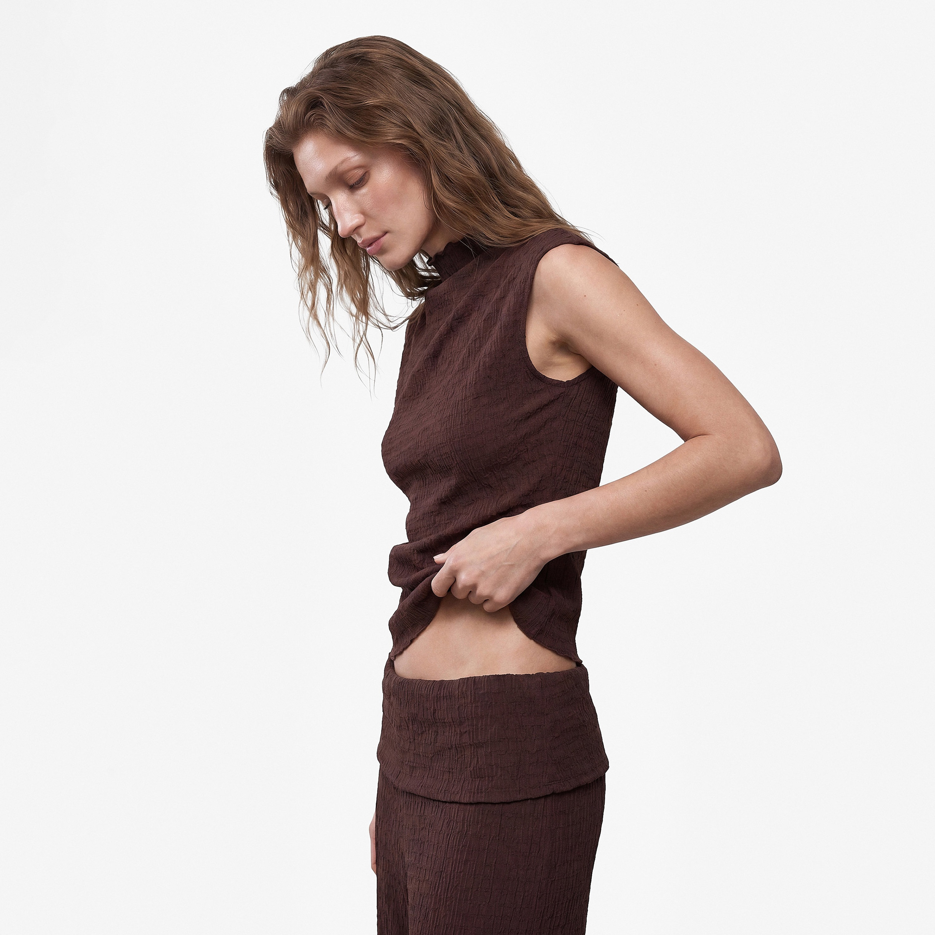 KOTON Dark Brown Textured High Neck Women's Top-women-clothing-shirtsandblouses-blouses-image-2