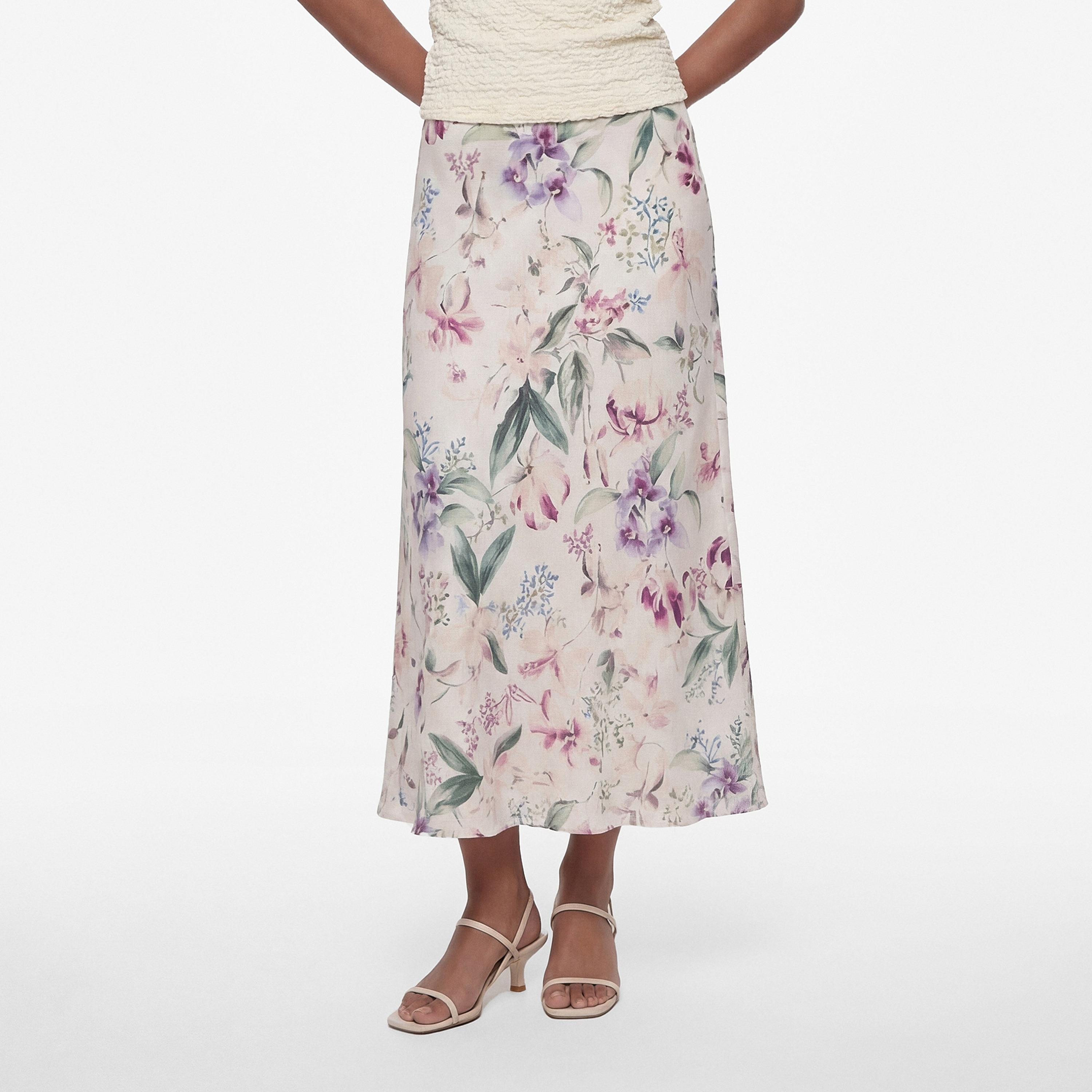 تنورة ميدي نسائية قصة "ايه-لاين" بطبعة زهور وردية من كوتون-women-clothing-skirts-image-1
