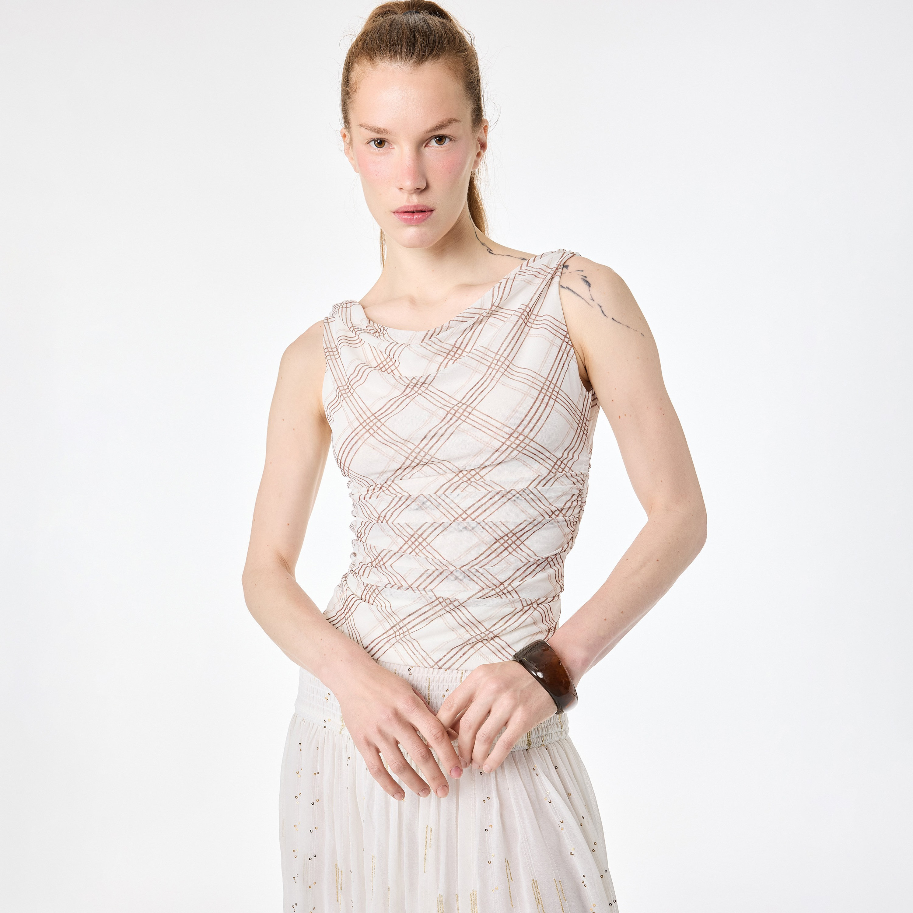 KOTON Multicolor Checked Tulle Asymmetric Neck Women's Top-women-clothing-shirtsandblouses-blouses-image-1