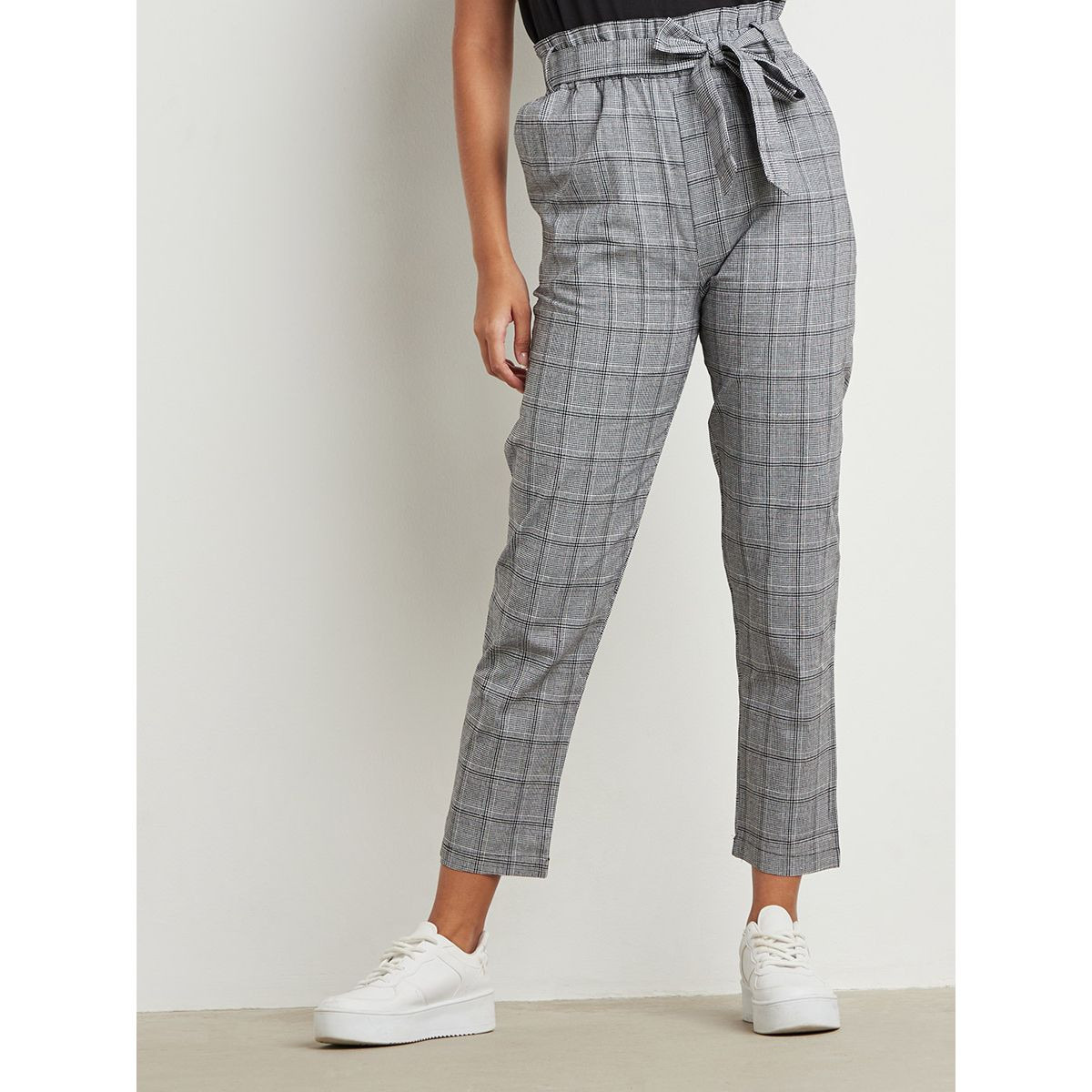 Styli Checked Paperbag Tapered Tailored Trouser with Tie Belt-women-clothing-bottoms-trousers-image-1