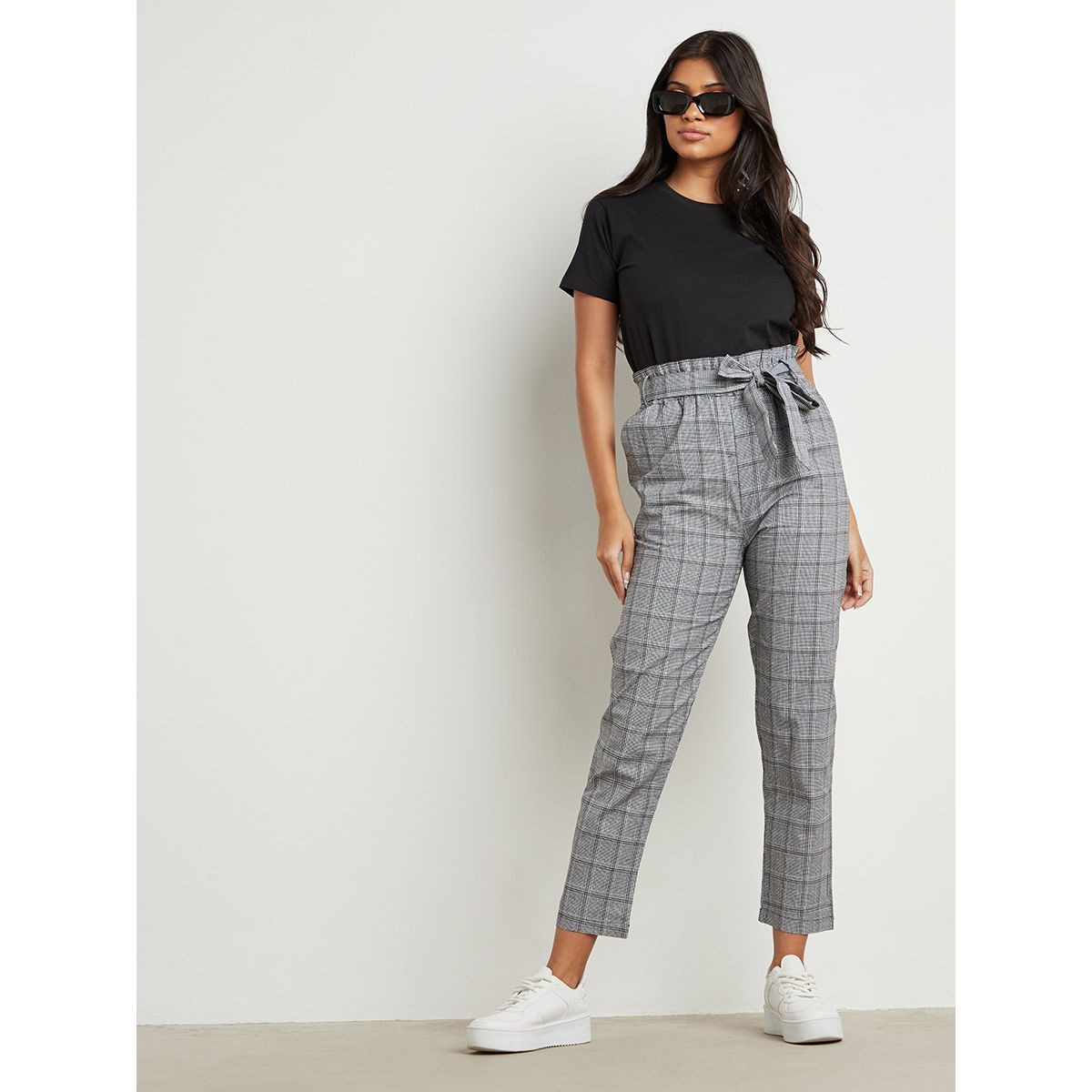 Styli Checked Paperbag Tapered Tailored Trouser with Tie Belt-women-clothing-bottoms-trousers-image-2