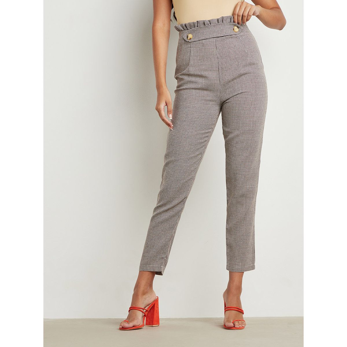 Styli Straight Leg Printed Trouser with Button Detail-women-clothing-trousers-image-1