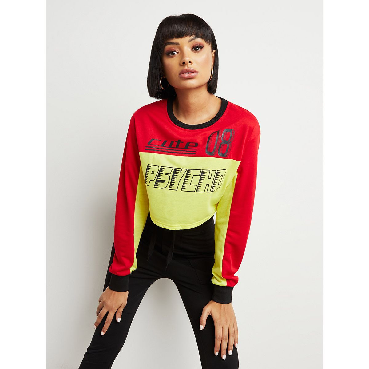 Styli Psycho Slogan Print Color Block Cropped Sweatshirt-women-clothing-hoodiesandsweatshirts-sweatshirts-image-1
