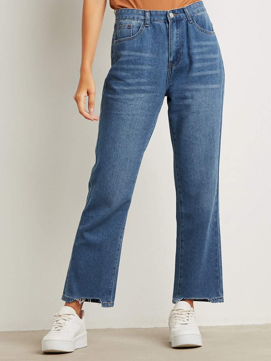 Styli Raw Edge Straight Leg Jeans with Belt Loops-women-clothing-bottoms-jeans-image-1