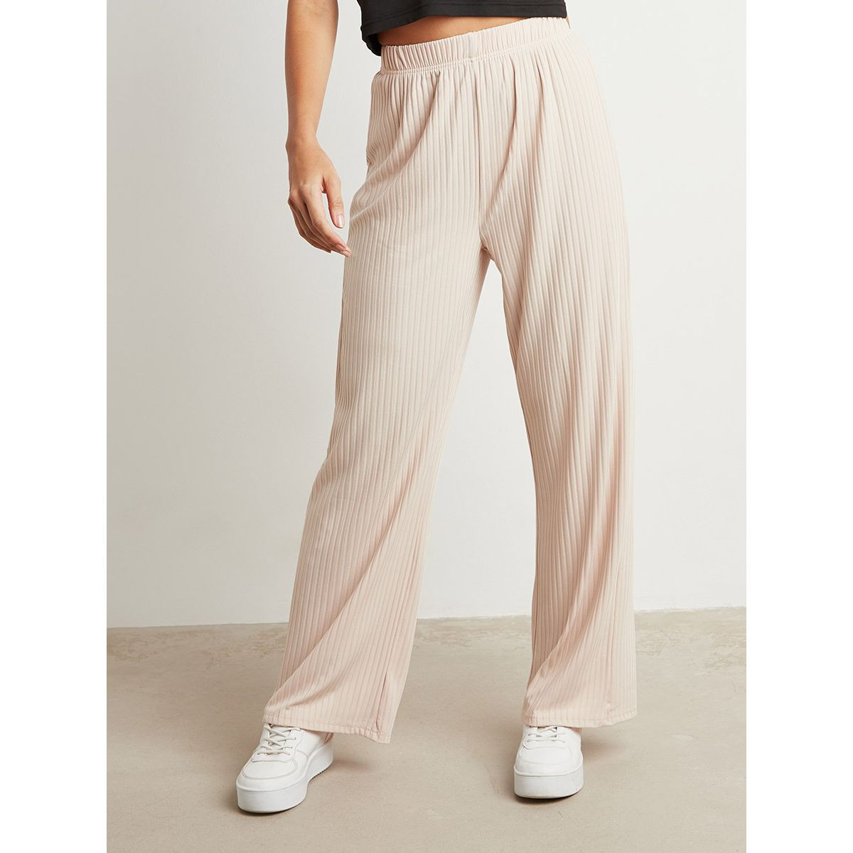 Styli Ribbed Wide Leg Relaxed Fit Pants-women-clothing-trousers-image-1