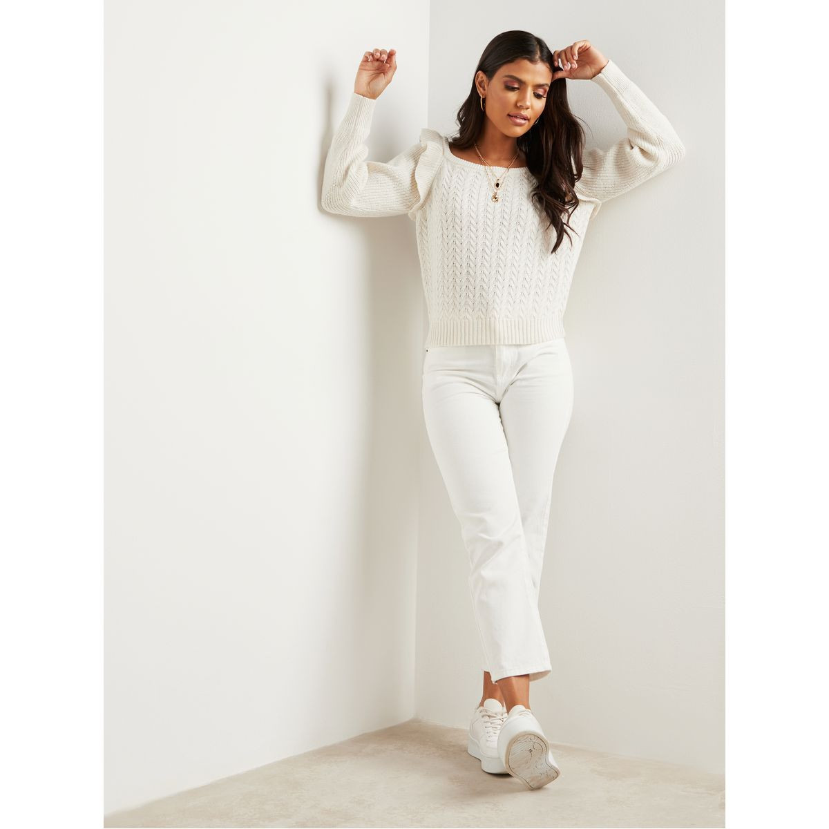 Styli Cable Knitted Sweater with Frill Shoulder Detail-women-clothing-cardigansandjumpers-jumpers-image-2