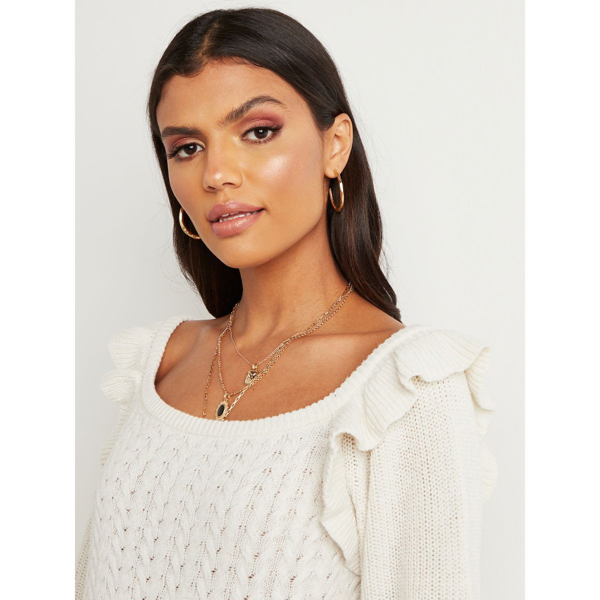 Styli Cable Knitted Sweater with Frill Shoulder Detail-women-clothing-cardigansandjumpers-jumpers-image-3