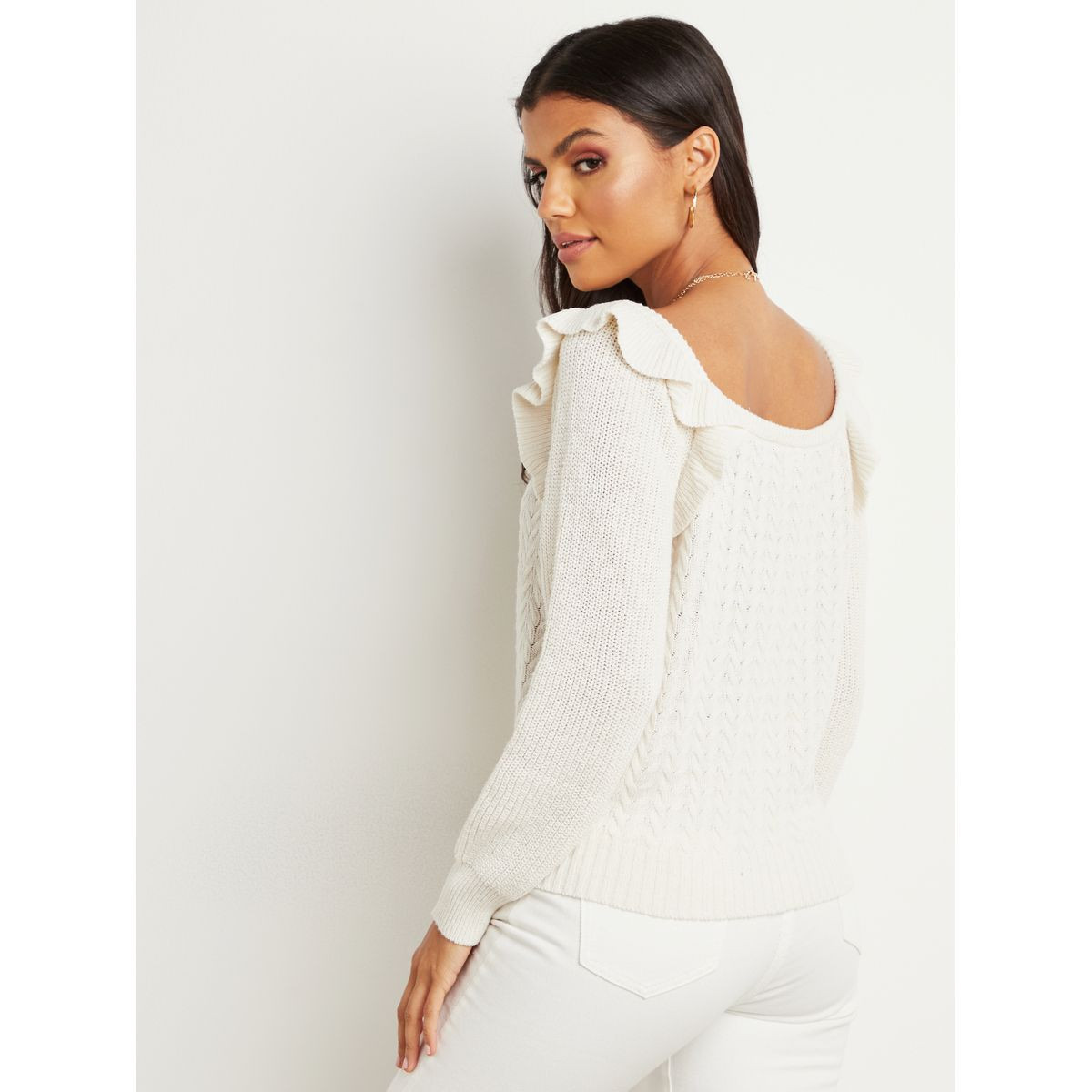 Styli Cable Knitted Sweater with Frill Shoulder Detail-women-clothing-cardigansandjumpers-jumpers-image-4