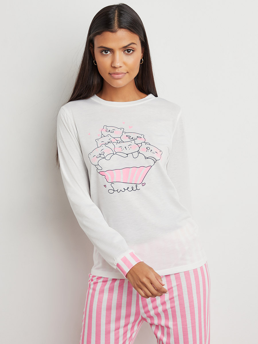 Styli Sweet Graphic Printed Long Sleeves T-shirt and Stripe Pyjama Set-women-clothing-nightwear-pyjamas-bottoms-image-2