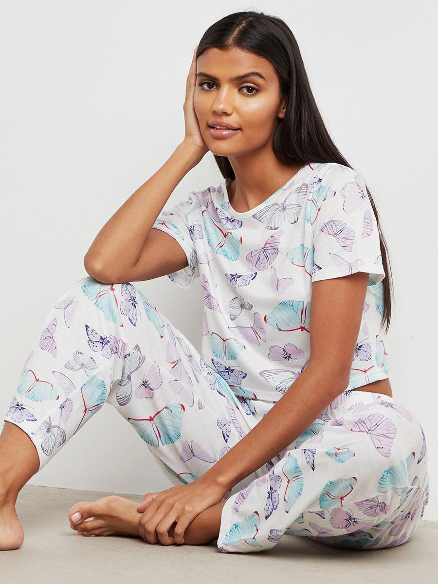 Styli AOP Pastel Butterfly Crop T-shirt and Straight Pyjama Set-women-clothing-nightwear-pyjamas-bottoms-image-1