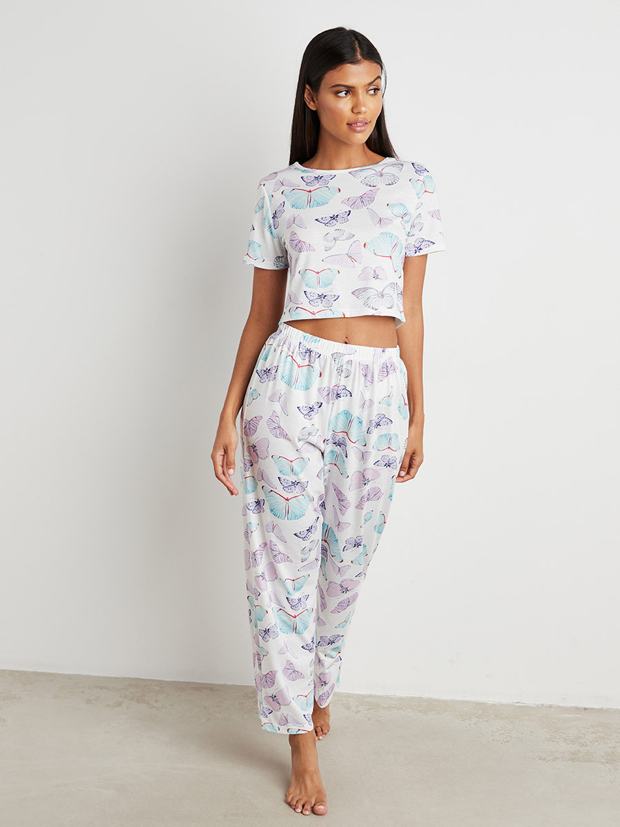 Styli AOP Pastel Butterfly Crop T-shirt and Straight Pyjama Set-women-clothing-nightwear-pyjamas-bottoms-image-2