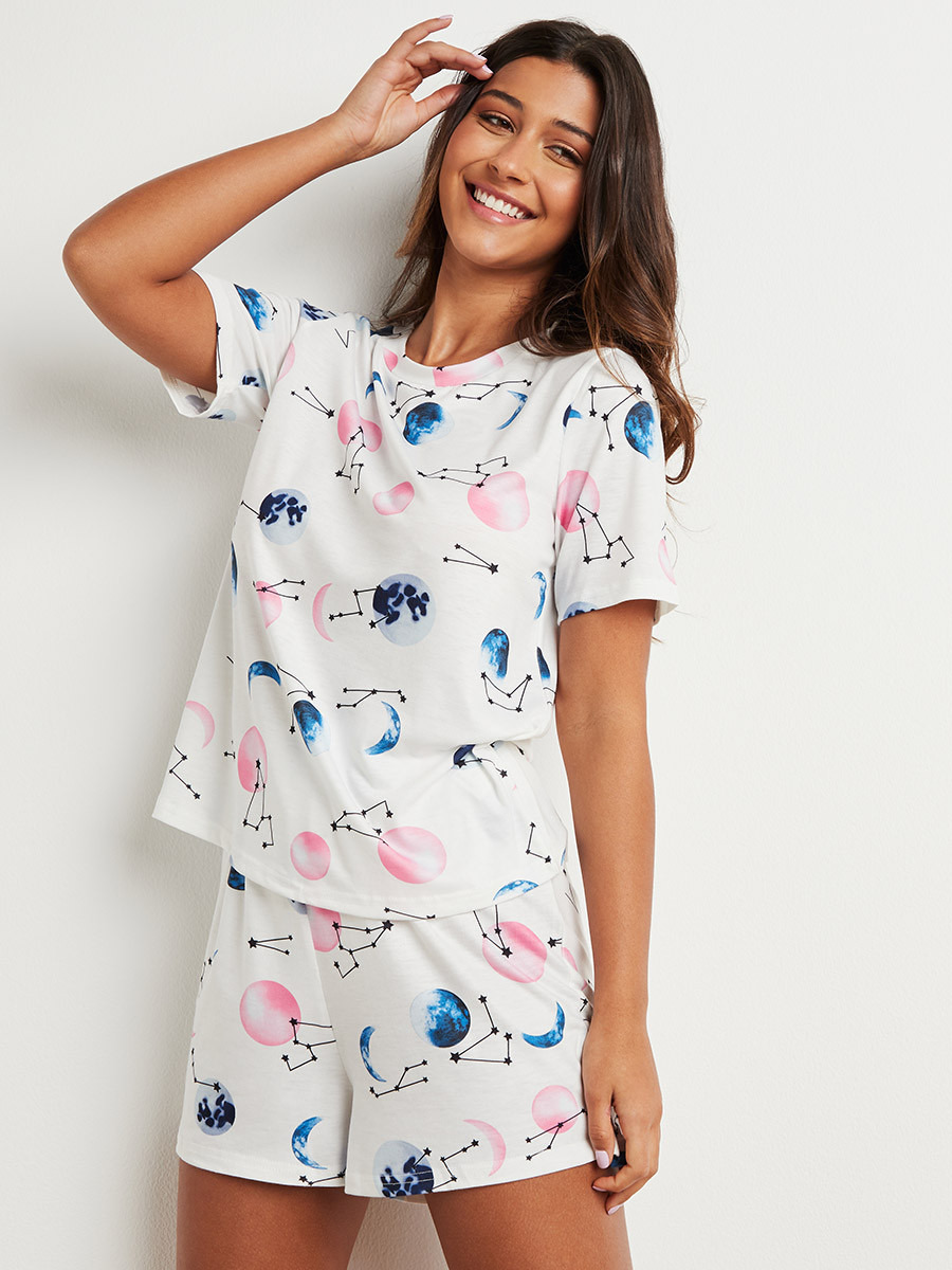 Styli AOP Constellation Print Round Neck T-shirt and Shorts Set-women-clothing-nightwear-pyjamas-bottoms-image-1