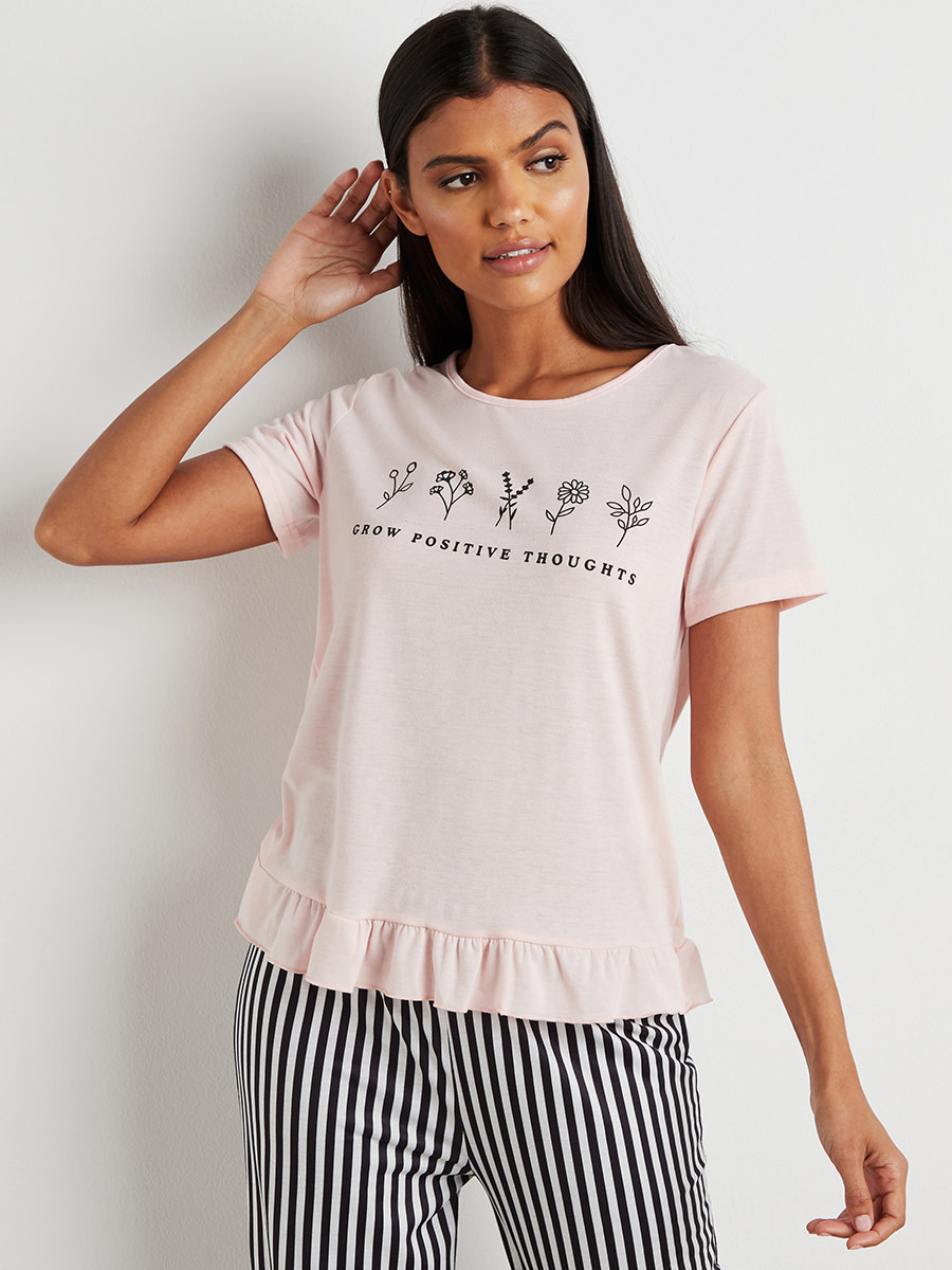 Styli Positive Thoughts Ruffled Hem T-shirt and Striped Pyjama Set-women-clothing-nightwear-pyjamas-longsets-image-2