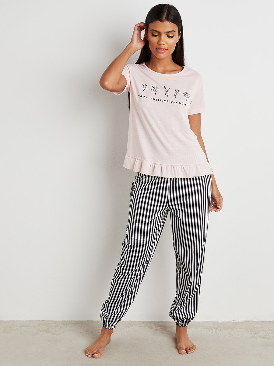 Styli Positive Thoughts Ruffled Hem T-shirt and Striped Pyjama Set-women-clothing-nightwear-pyjamas-longsets-image-3