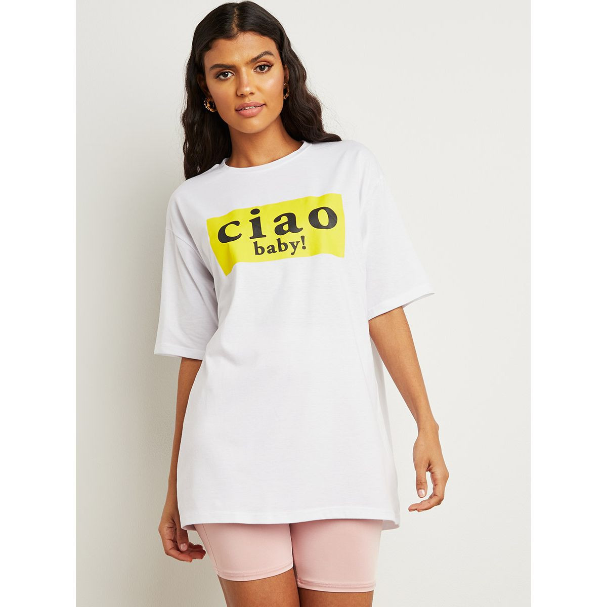 Shop Styli Ciao Baby Slogan Print Oversized T-Shirt Online - Main Image