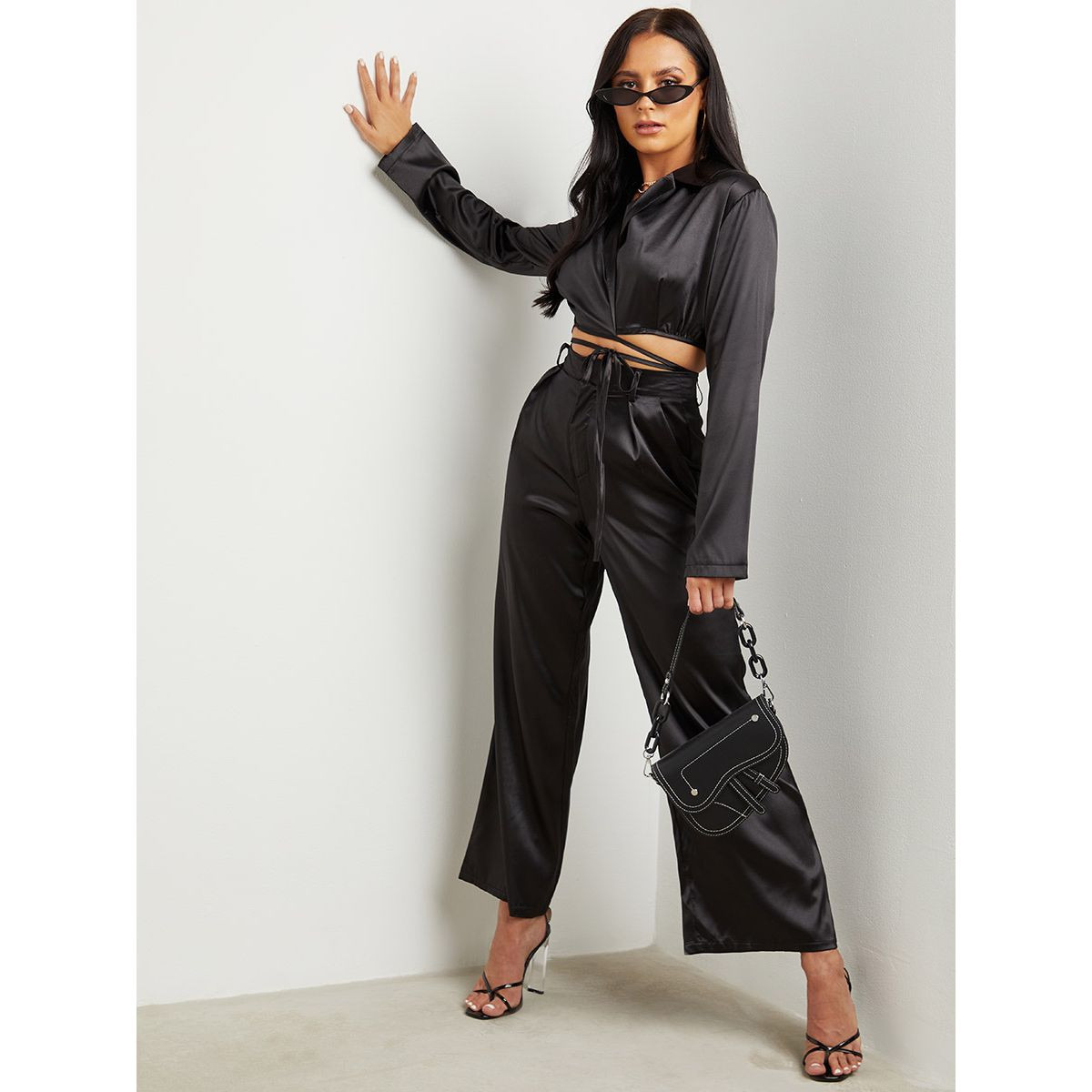 Styli Satin Wrap Top and Wide Leg Pants Co-Ord Set-women-clothing-coordsets-image-1