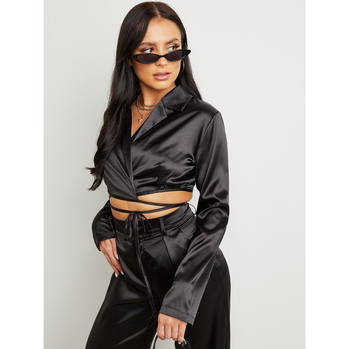 Styli Satin Wrap Top and Wide Leg Pants Co-Ord Set-women-clothing-coordsets-image-2