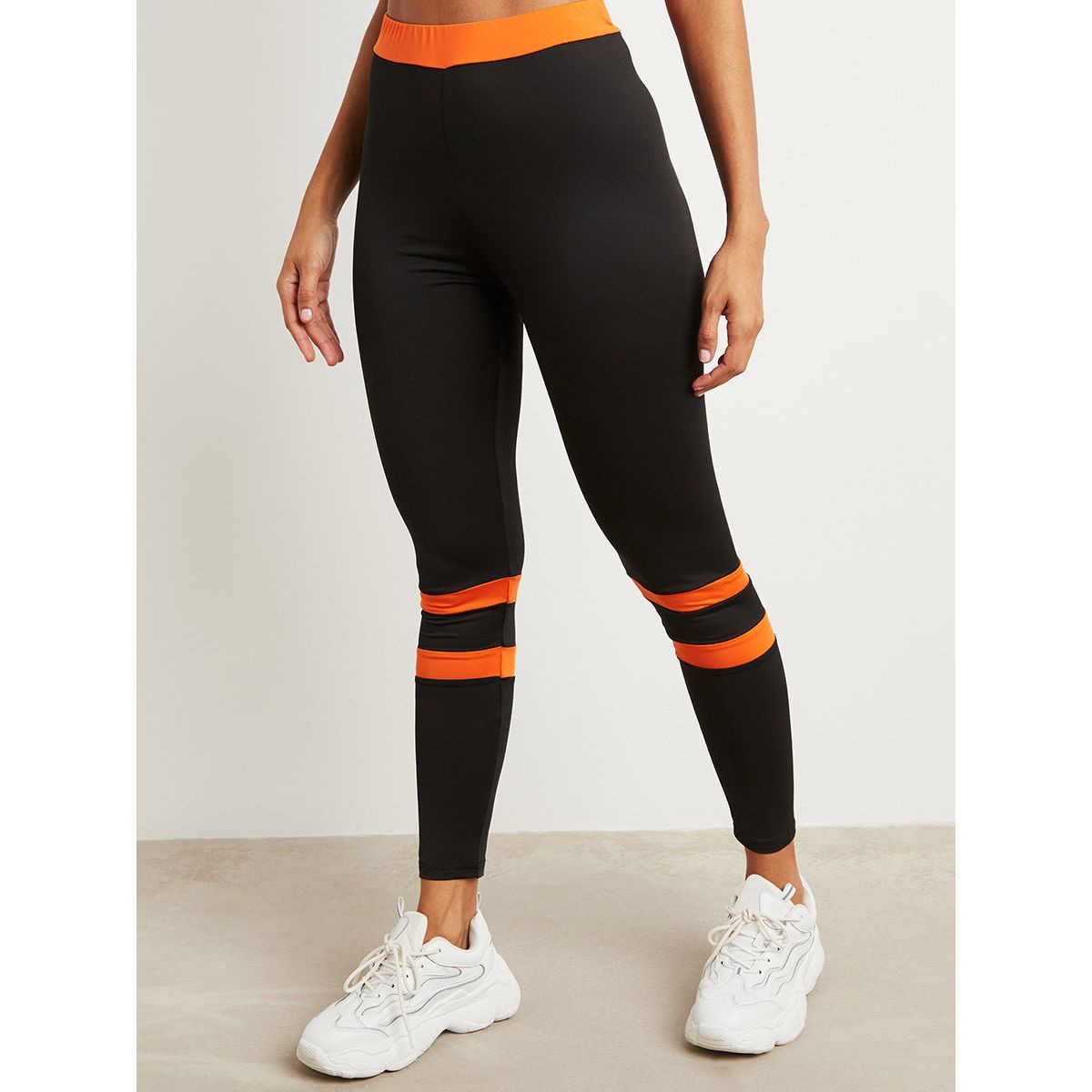 Styli Calf Striped Leggings with Contrast Waistband-women-clothing-leggings-image-1