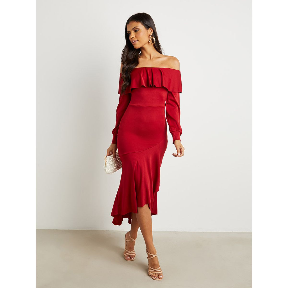 Styli Off Shoulder Frill Hem Bodycon Midi Dress-women-clothing-dresses-image-1