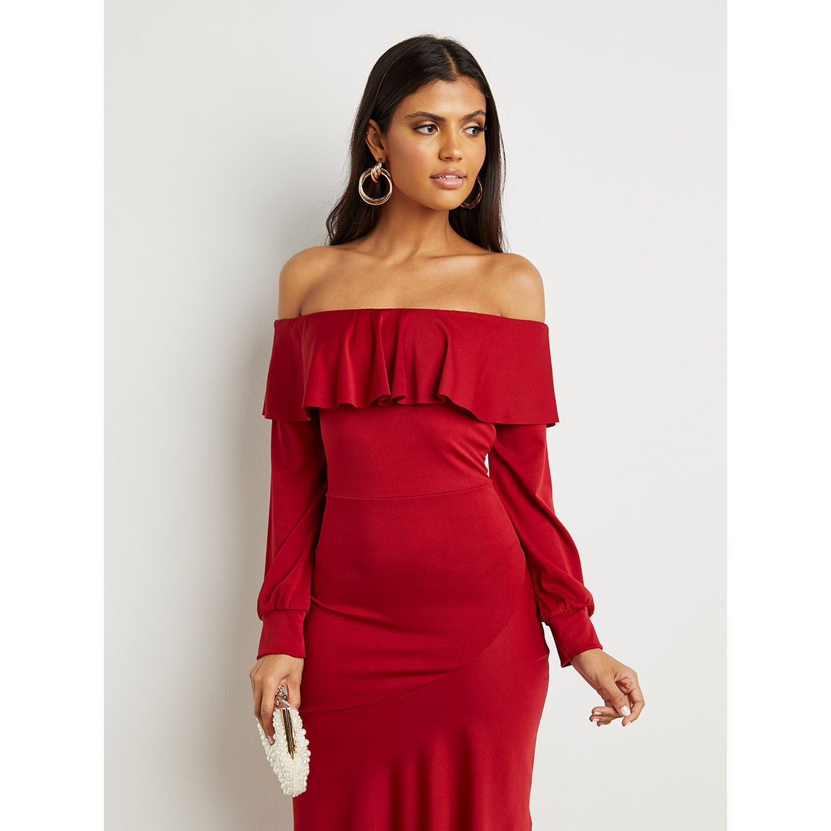 Styli Off Shoulder Frill Hem Bodycon Midi Dress-women-clothing-dresses-image-2