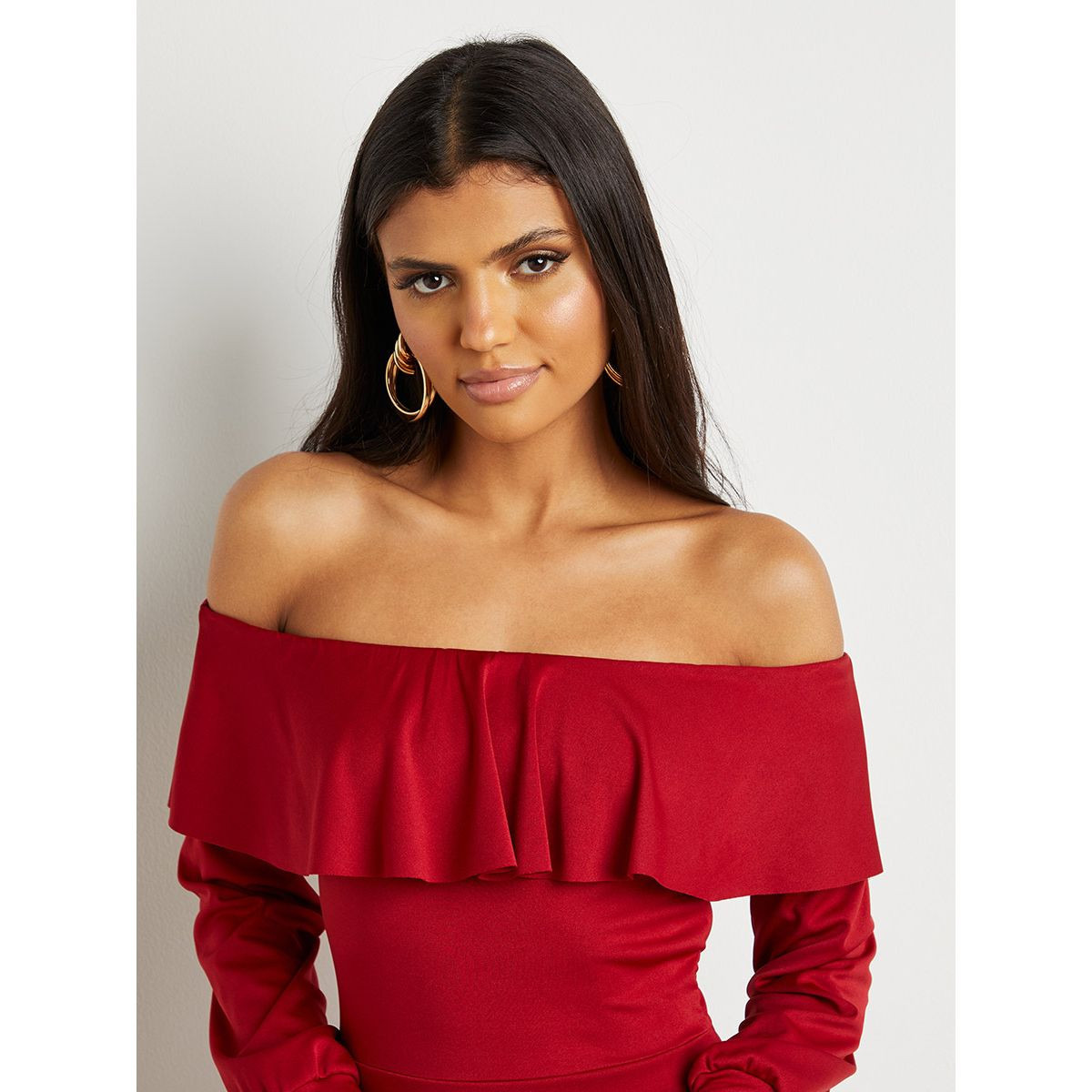 Styli Off Shoulder Frill Hem Bodycon Midi Dress-women-clothing-dresses-image-3