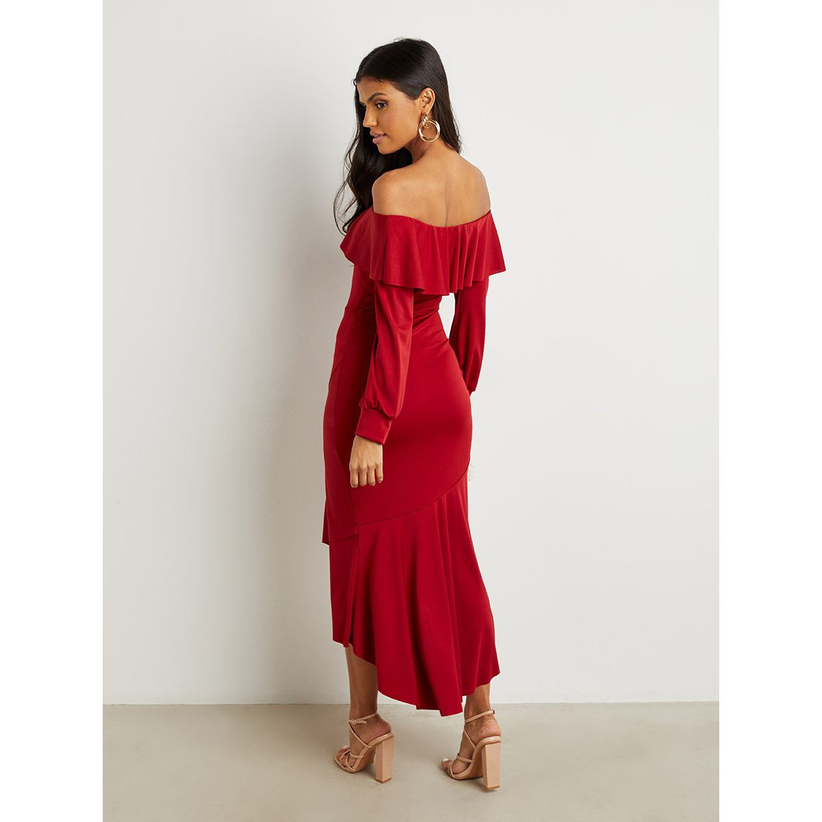 Styli Off Shoulder Frill Hem Bodycon Midi Dress-women-clothing-dresses-image-4