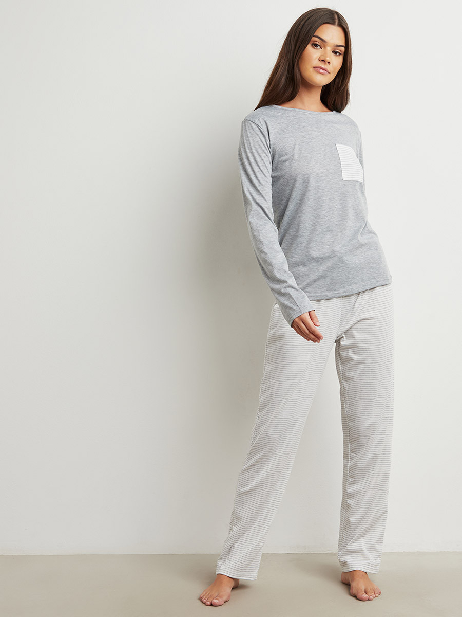 Styli Long Sleeves Pocket Detail T-shirt and Striped Pyjama Set-women-clothing-nightwear-pyjamas-bottoms-image-1