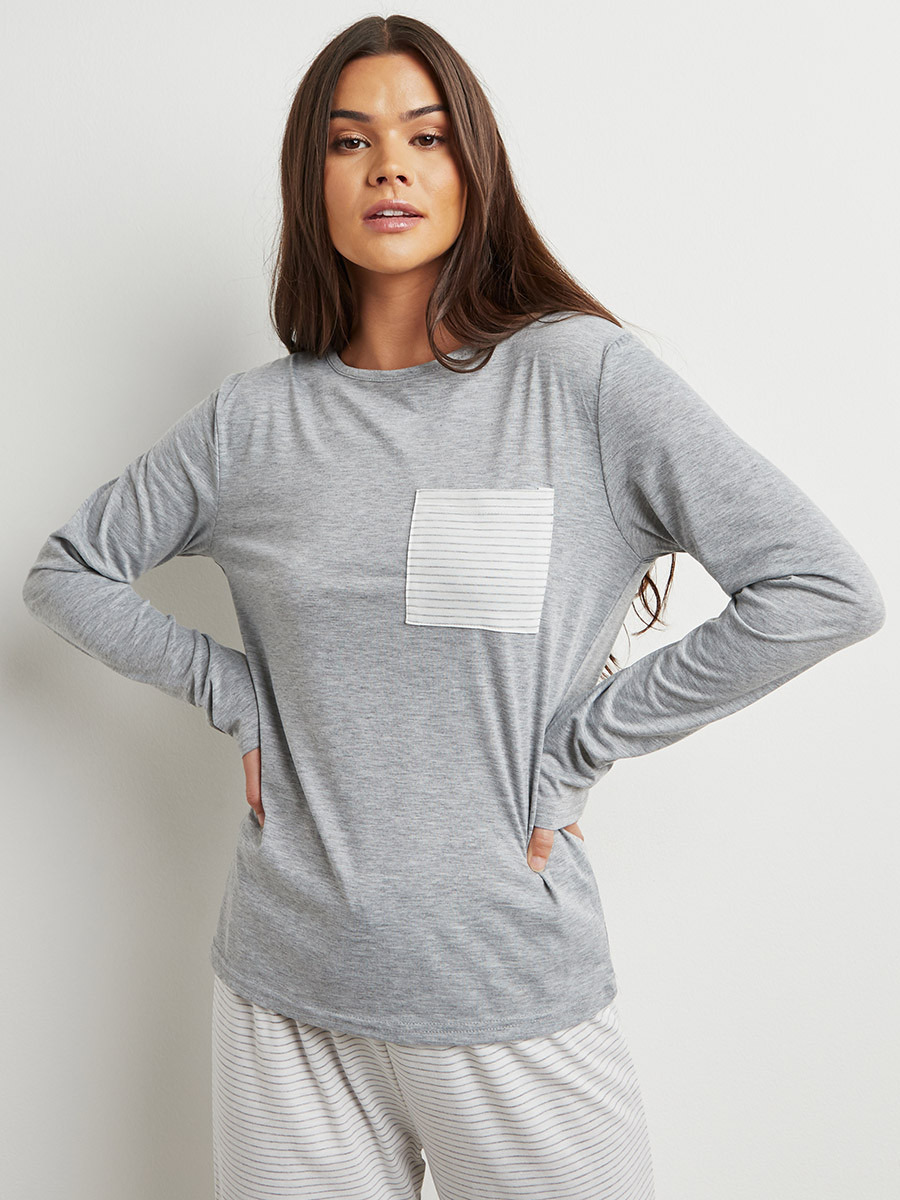 Styli Long Sleeves Pocket Detail T-shirt and Striped Pyjama Set-women-clothing-nightwear-pyjamas-bottoms-image-2