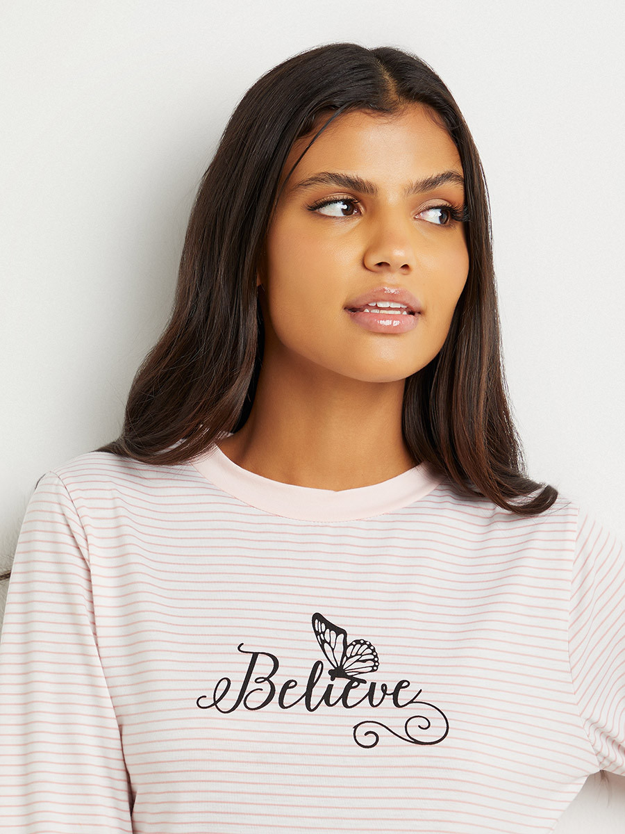 Styli Believe Striped Long Sleeves T-shirt and Racer Trim Detail Shorts Set-women-clothing-nightwear-pyjamas-bottoms-image-3