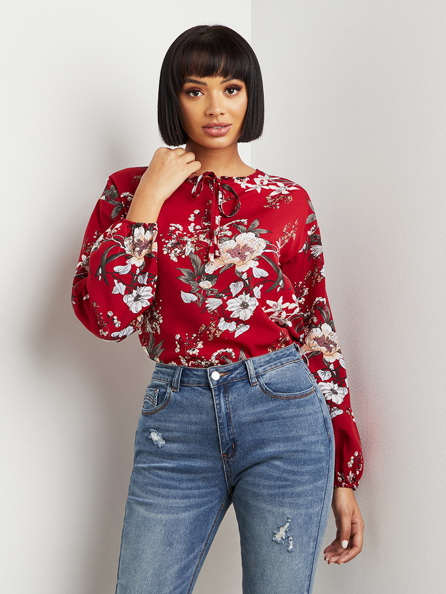 Styli Floral Printed Tie-Up Neck Top with Long Sleeves-women-clothing-shirtsandblouses-blouses-image-1