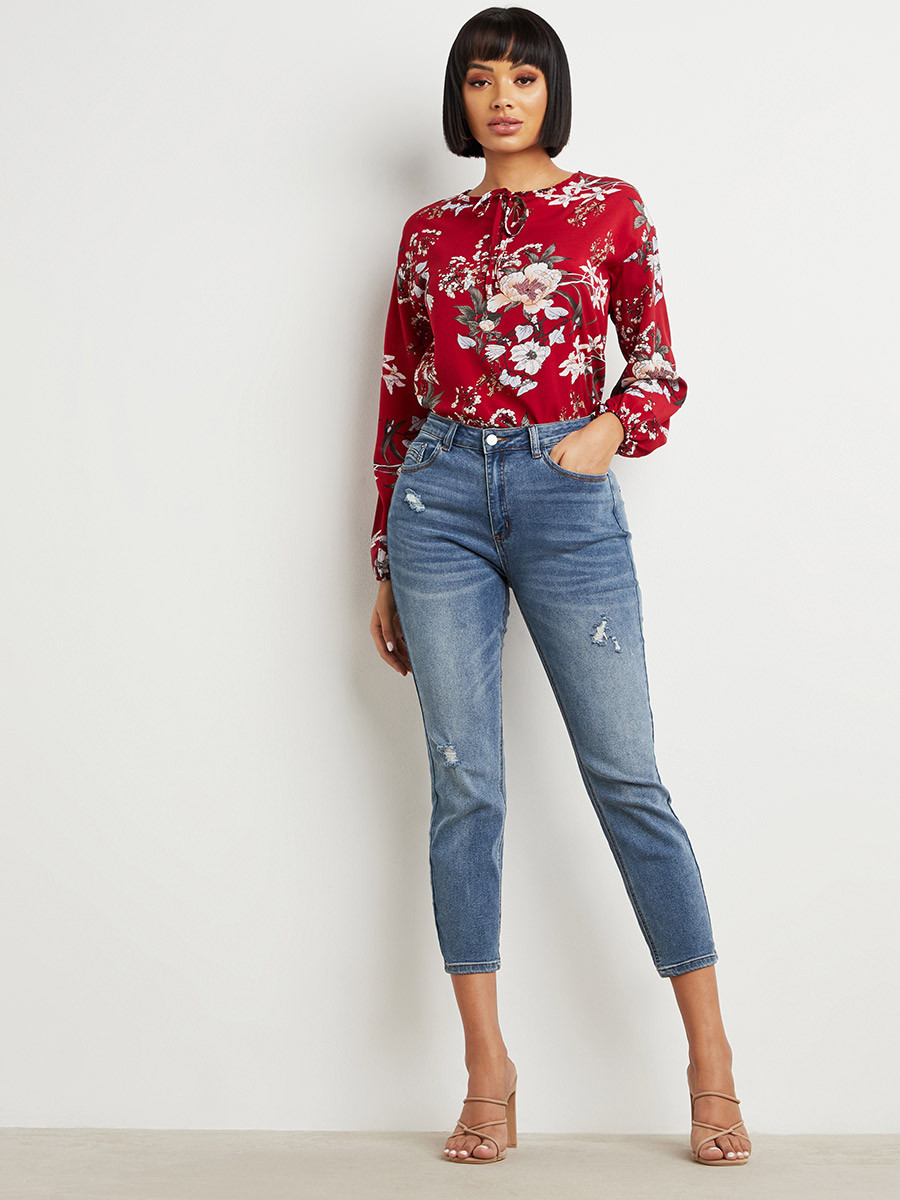 Styli Floral Printed Tie-Up Neck Top with Long Sleeves-women-clothing-shirtsandblouses-blouses-image-2