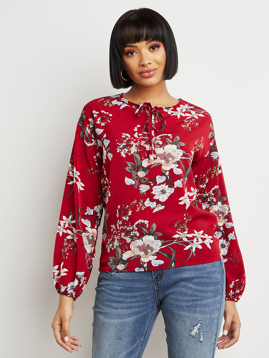 Styli Floral Printed Tie-Up Neck Top with Long Sleeves-women-clothing-shirtsandblouses-blouses-image-3