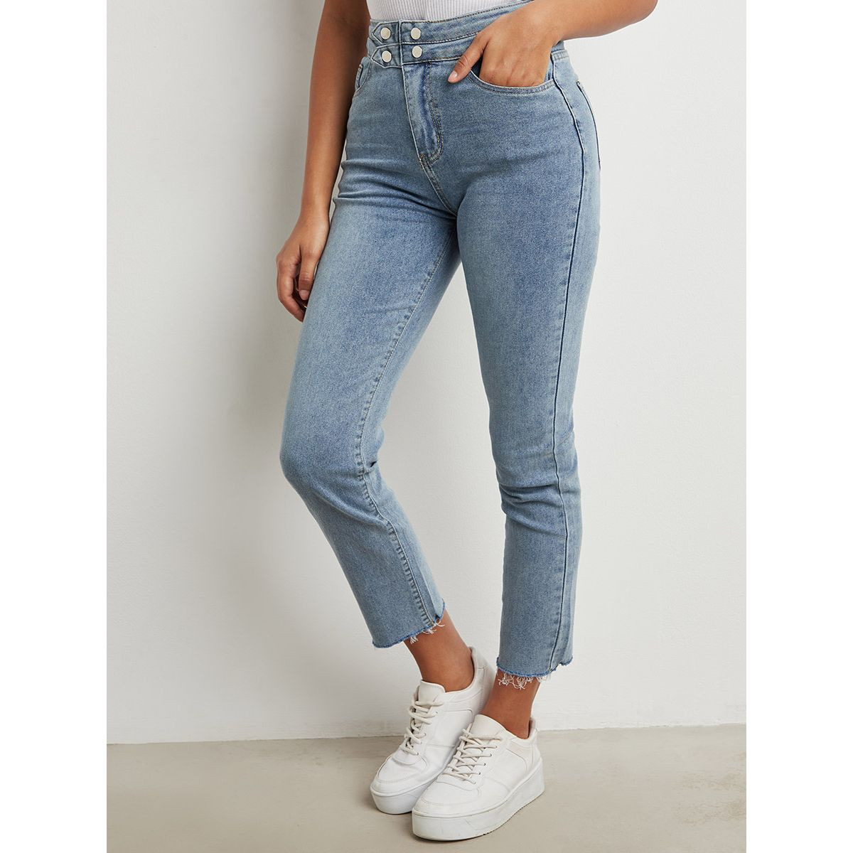 Styli Raw Hem Skinny Jeans with Button Waist Detail-women-clothing-bottoms-jeans-image-1