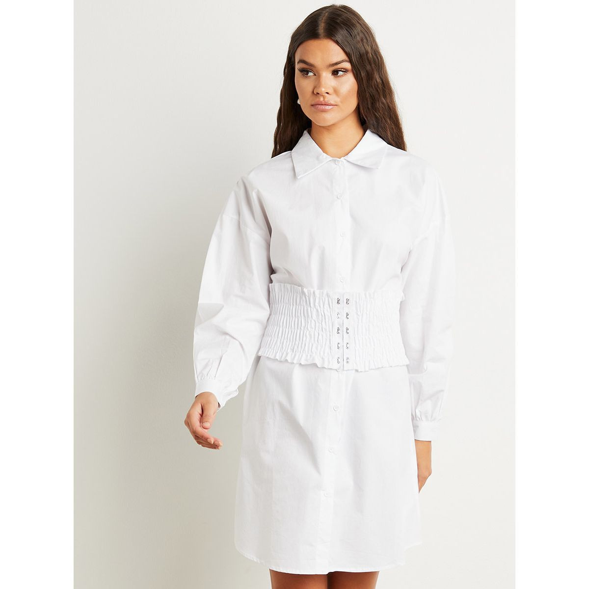 Styli Button Through Mini Dress with Shirred Wide Belt-women-clothing-dresses-image-1