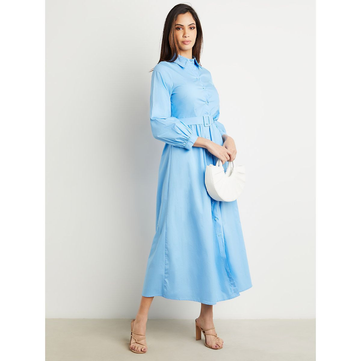 Styli Button Through Long Sleeves Belted Maxi Dress-women-clothing-dresses-image-1