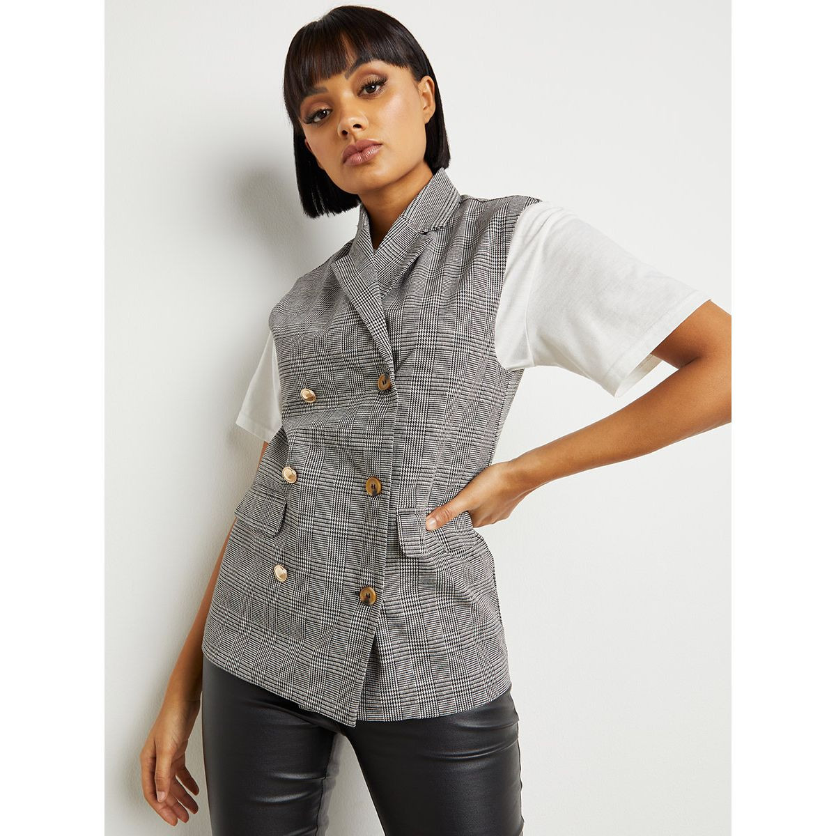 Styli Checkered Sleeveless Blazer with Button Closure-women-clothing-coatsandjackets-blazers-image-1