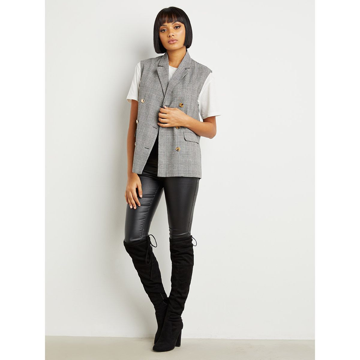 Styli Checkered Sleeveless Blazer with Button Closure-women-clothing-coatsandjackets-blazers-image-2
